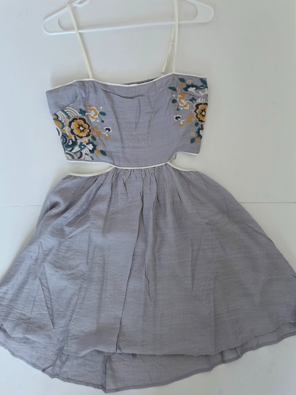 Promesa Grey Cut-Out Embroidered Mini Swing Dress - Size Large